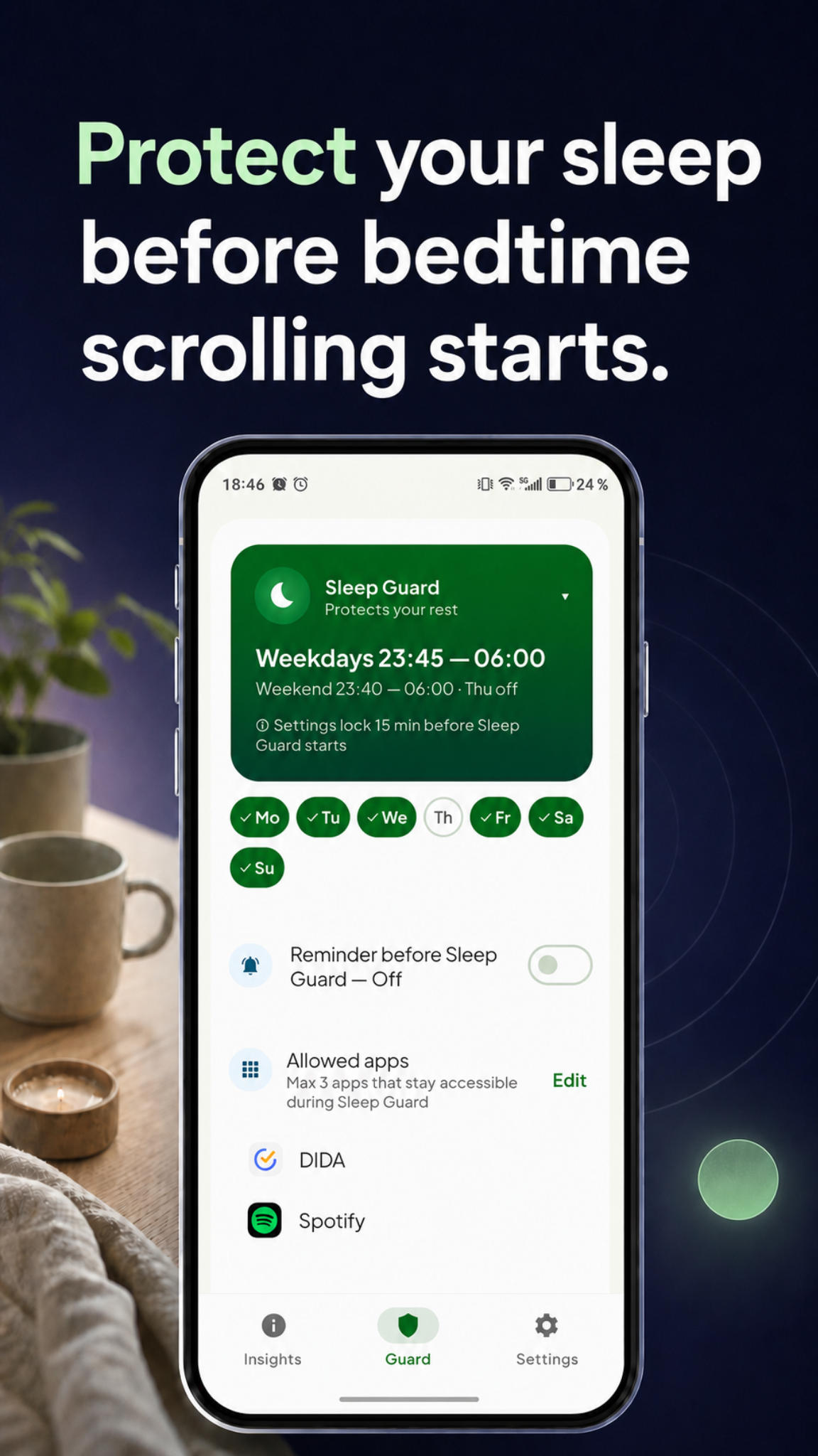 LoopCut Sleep Guard setup screen before bedtime scrolling starts