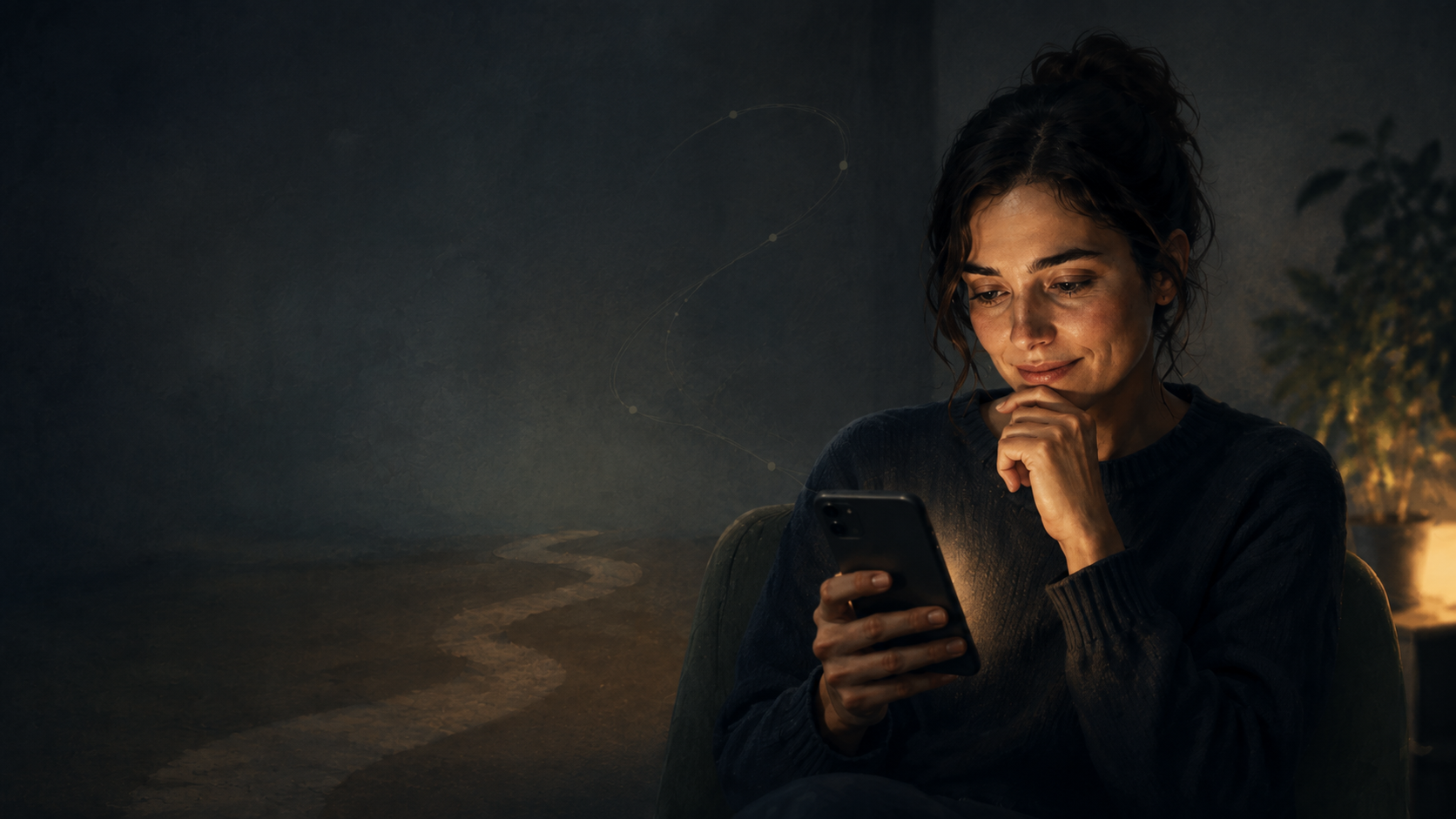 A thoughtful person looking at a phone in a dimly lit room, with a subtle question-mark-like pattern in the background.