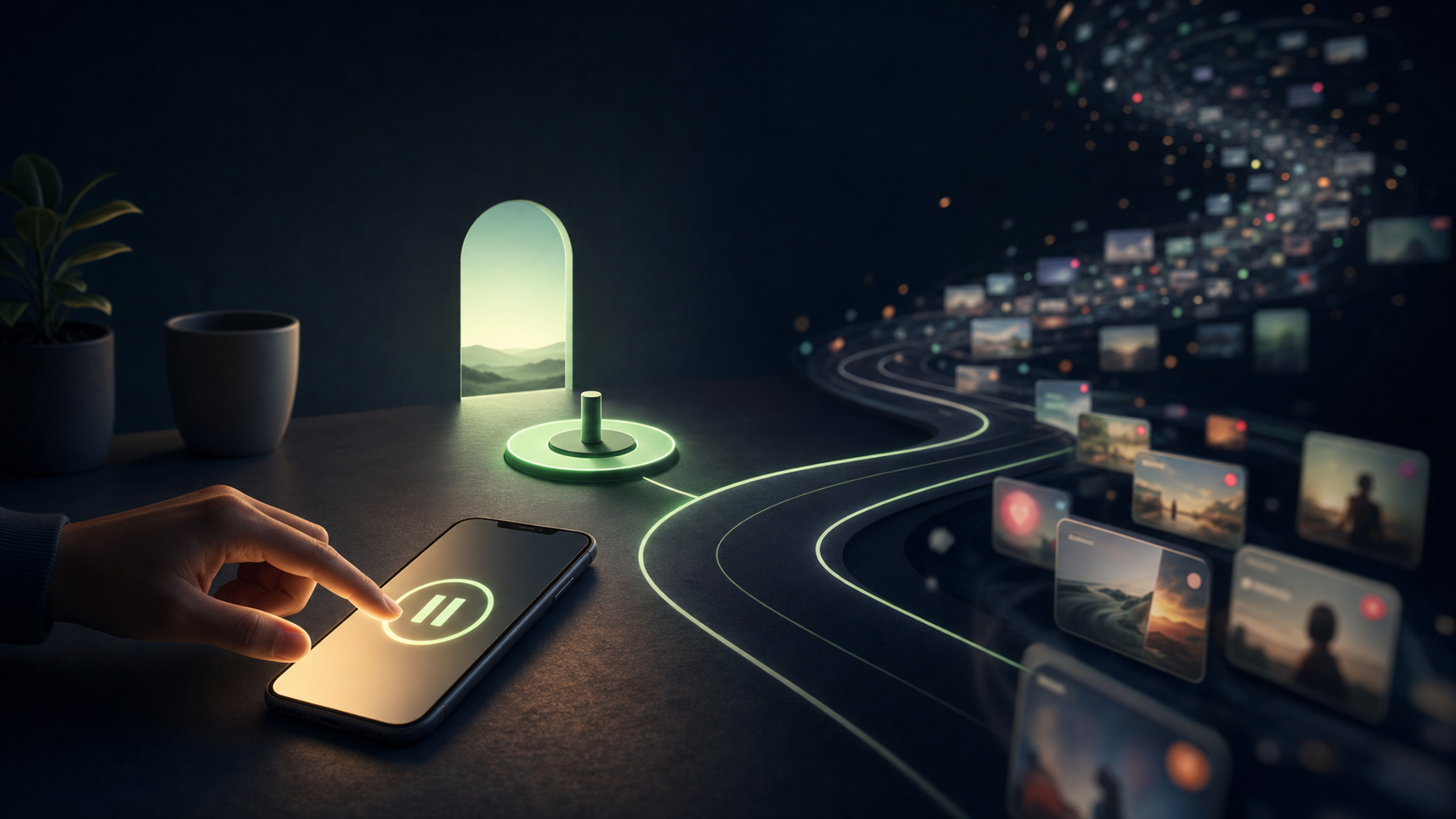 A calm phone scene with a soft green pause point before an abstract feed path begins.