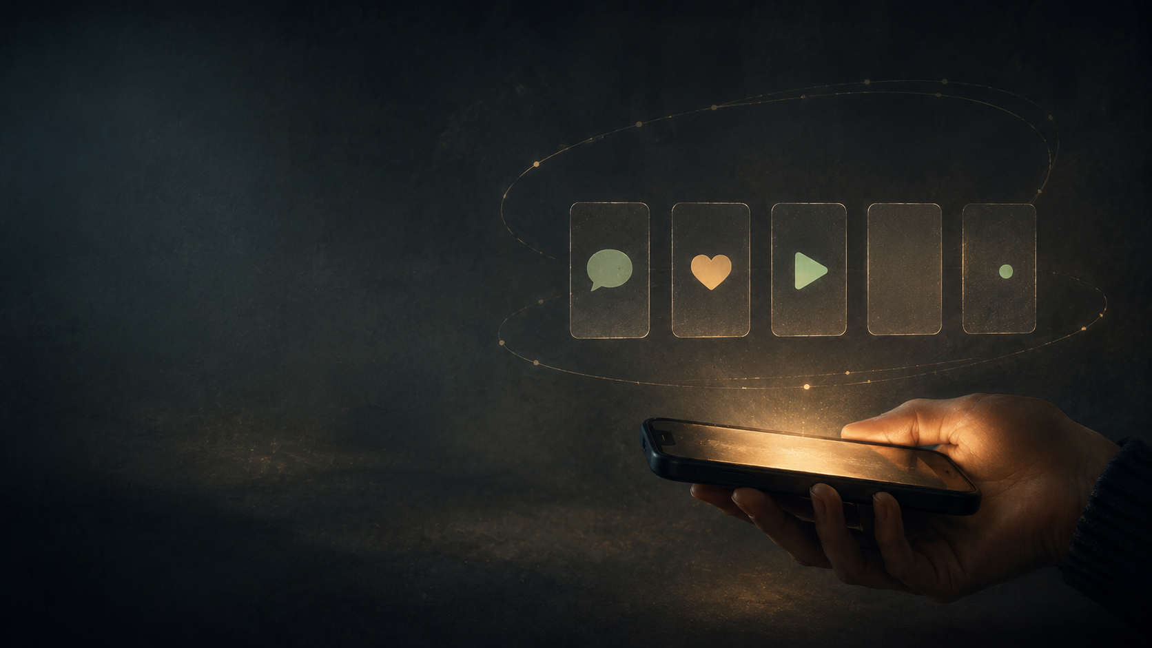 A hand holding a glowing phone beneath floating app reward icons in a dimly lit room.