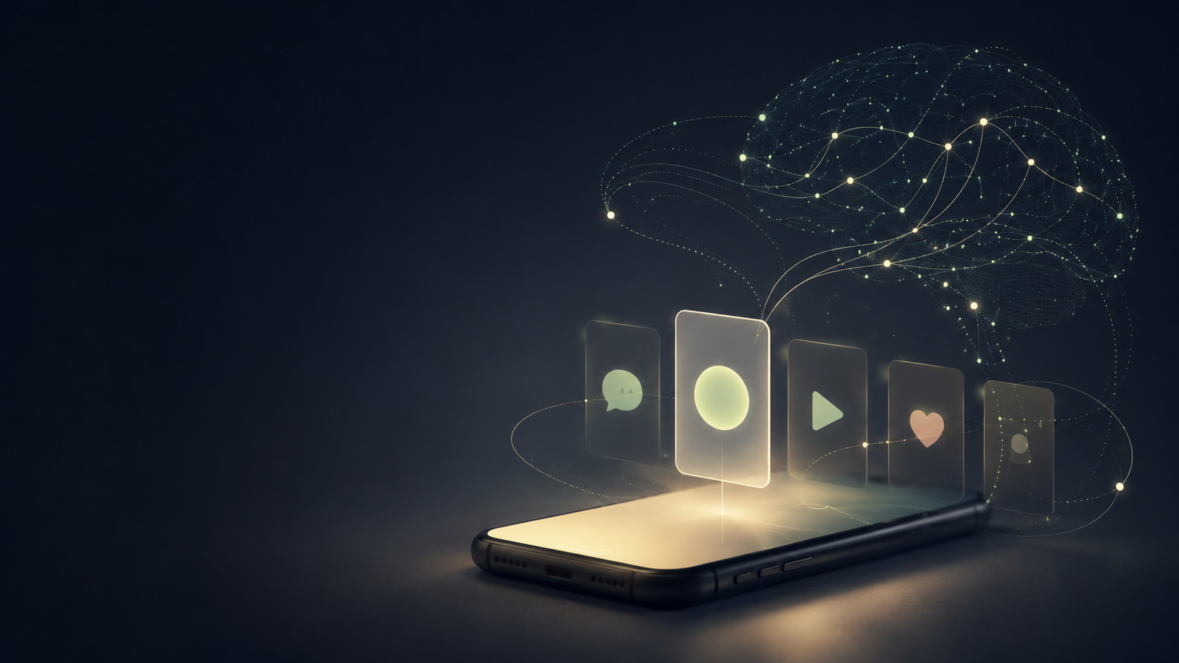 A glowing phone projecting app icons toward an illuminated digital brain, suggesting learned reward pathways.