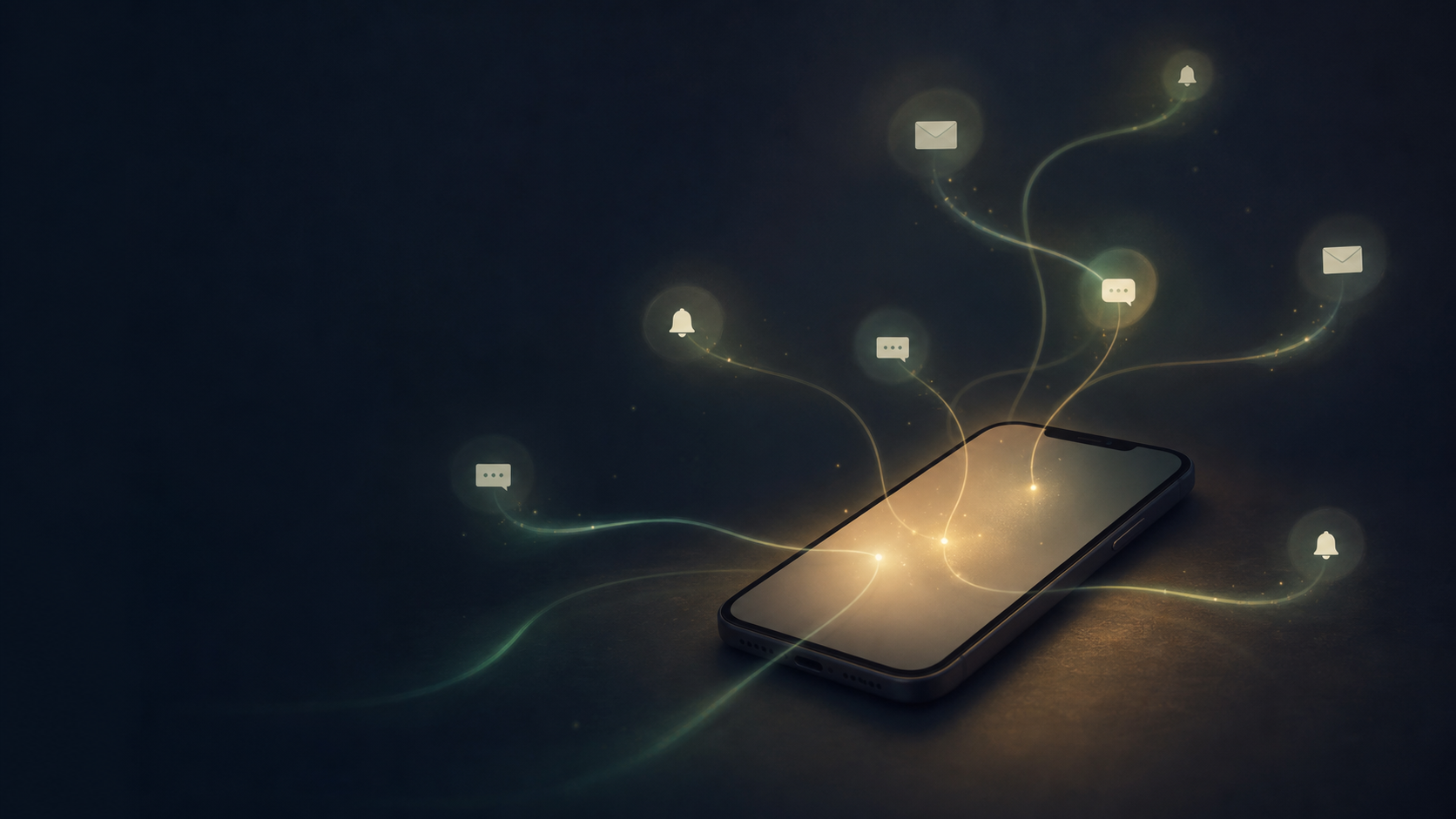 A glowing phone with abstract notification shapes connected by soft green threads in a dark calm setting.