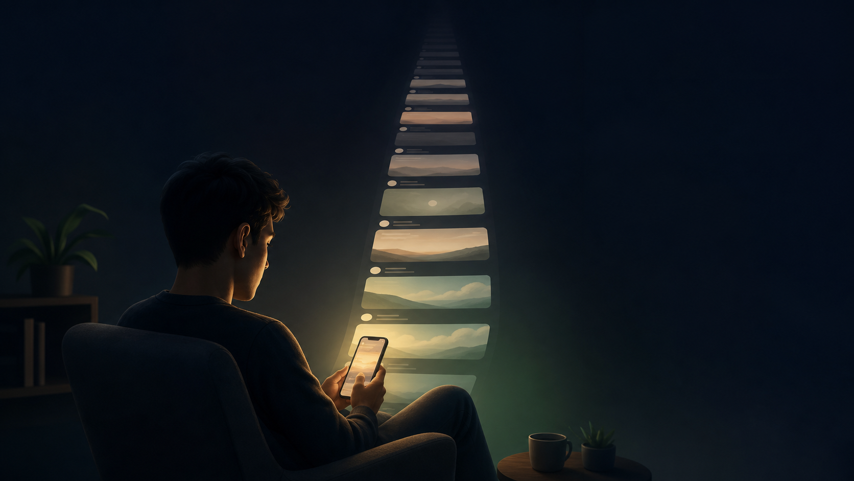 A person looking at a phone beside an endless vertical path of content cards fading into a dark distance.