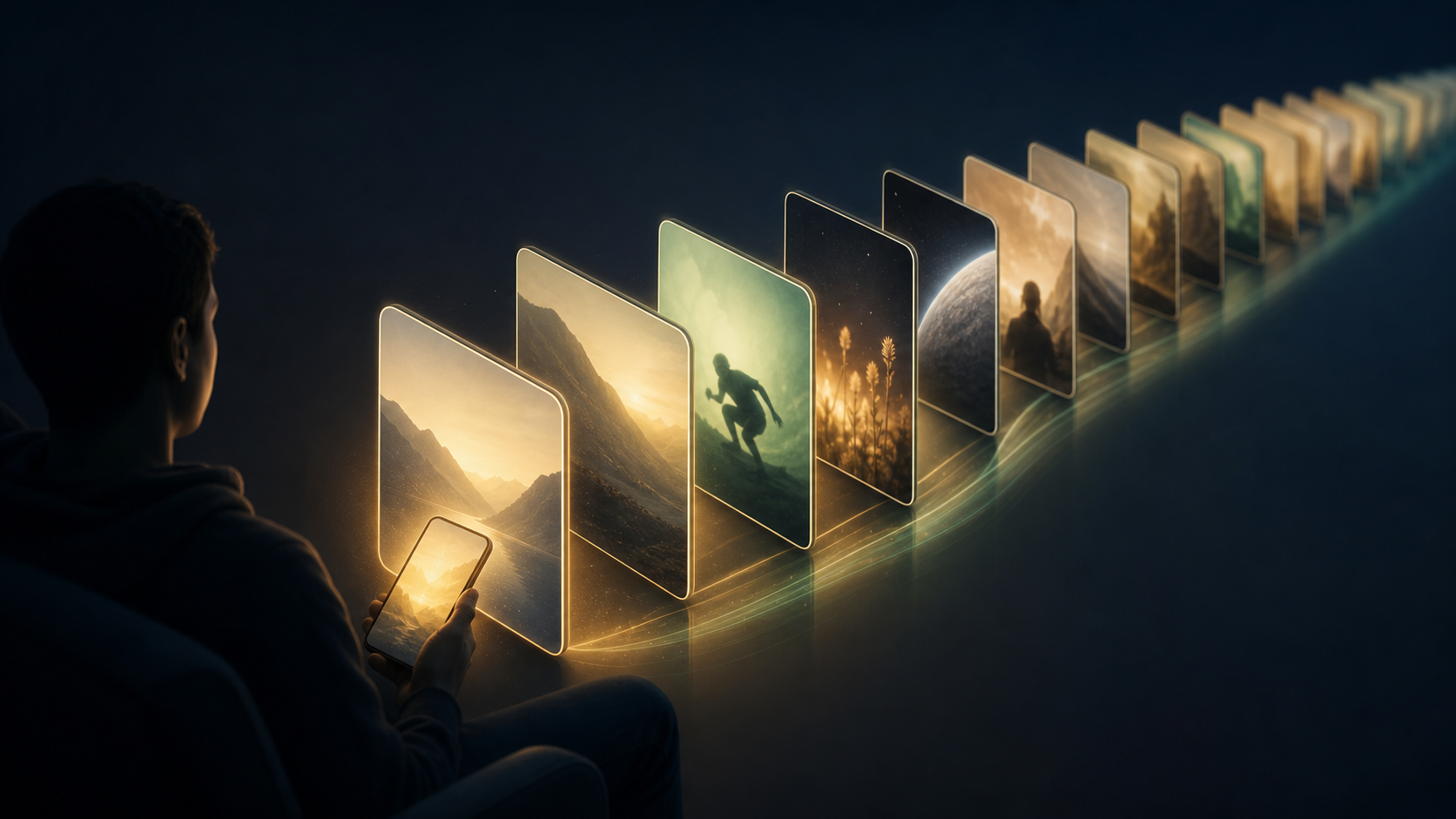 A phone sending a flowing sequence of glowing video-like cards forward without a visible stopping point.