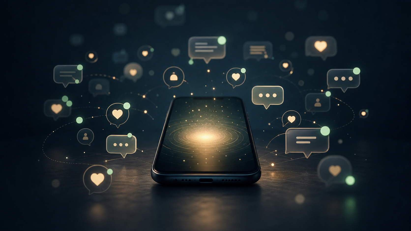 A glowing phone surrounded by abstract message bubbles, hearts, dots, and social signal shapes.