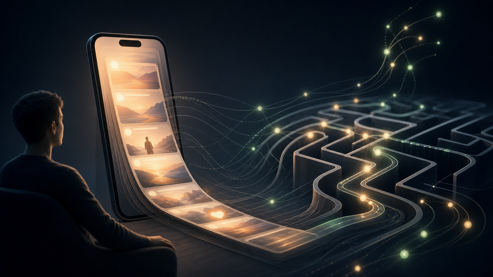 A flexible phone feed transforming into glowing maze-like paths and data points in a dark setting.