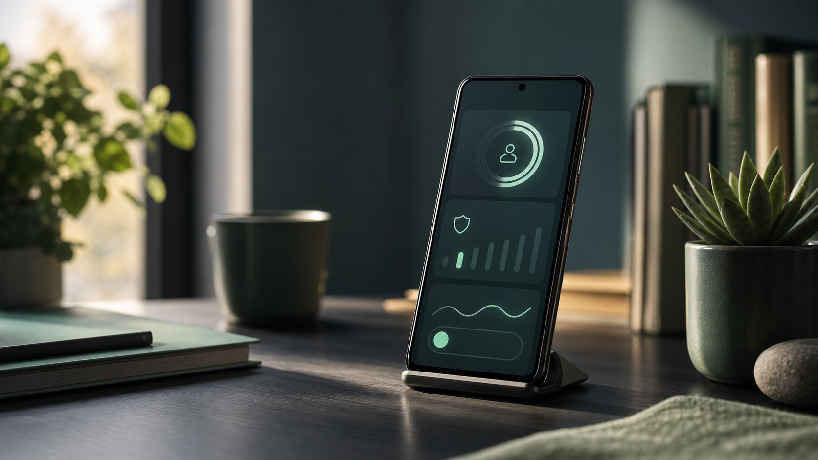 An Android phone on a calm desk showing abstract screen time controls for awareness, blocking, and friction.