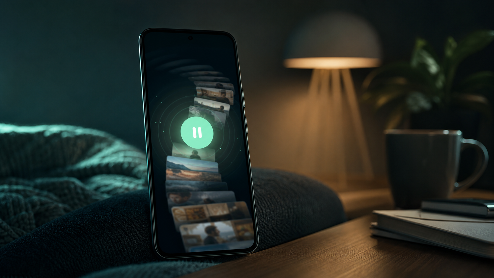 An Android phone with an abstract endless feed paused by a soft green interruption point.